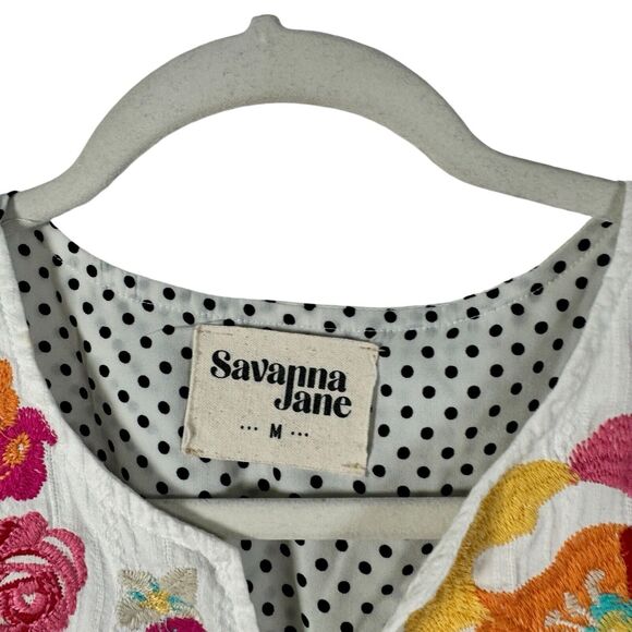 Savannah Jane Polka Dot Floral Embroidered Short Sleeve Blouse Boho Womens Med - Picture 3 of 5